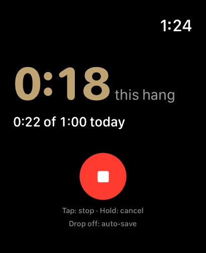 Hang Habit on Apple Watch showing an active hang timer.